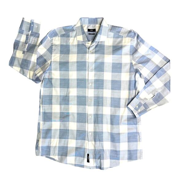 BOSS HUGO BOSS Blue Plaid Long Sleeve Button Down Shirt Men’s Size 18 Neck - Picture 1 of 8